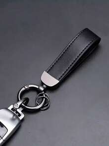 1pc Matte Gun Black Metal Business Leather Key Strap, Wear-Resistant PU Leather Car Key Pendant, Detachable Multi-Ring Key Chain - A - View 2
