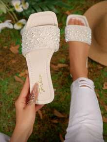 Gentle Pearl Rhinestone Square Toe Slide Sandals For Women, Summer Vacation Beach Outdoor Flat Slippers - Beige - View 1