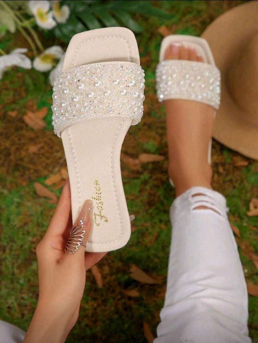 Gentle Pearl Rhinestone Square Toe Slide Sandals For Women, Summer Vacation Beach Outdoor Flat Slippers - Beige - View 1