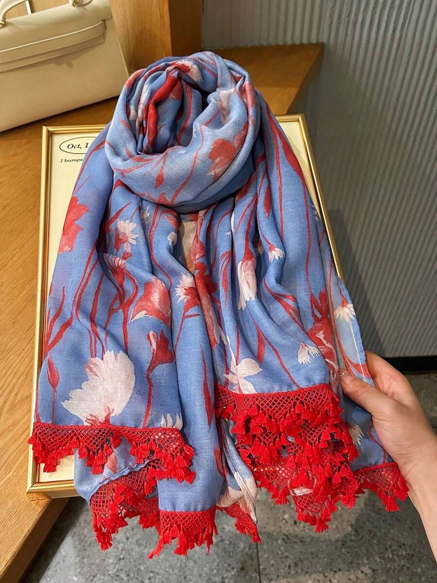 1件新款甜美愛心流蘇女款圍巾,薄款防曬披肩,適合春夏、旅行、海灘、冷氣房使用 - 藍色 - 查看 1