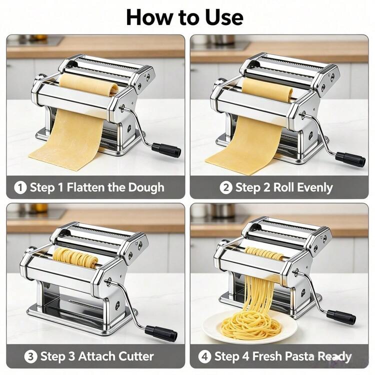 Stainless Steel Manual Pasta Maker Machine, 7 Adjustable Thickness Dough Roller, Dual Cutter For Spaghetti & Fettuccine, Hand Crank Noodle Making Tool For Homemade Lasagna Ravioli, Household Kitchen Dough Press With Clamp - Silver - View 10