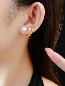 1pc/Set Mermaid Pearl Stud Earrings, Minimalist Fashion Set, Front And Back Wear, Suitable For Daily Wear, Simple And Stylish - Gold - View 4