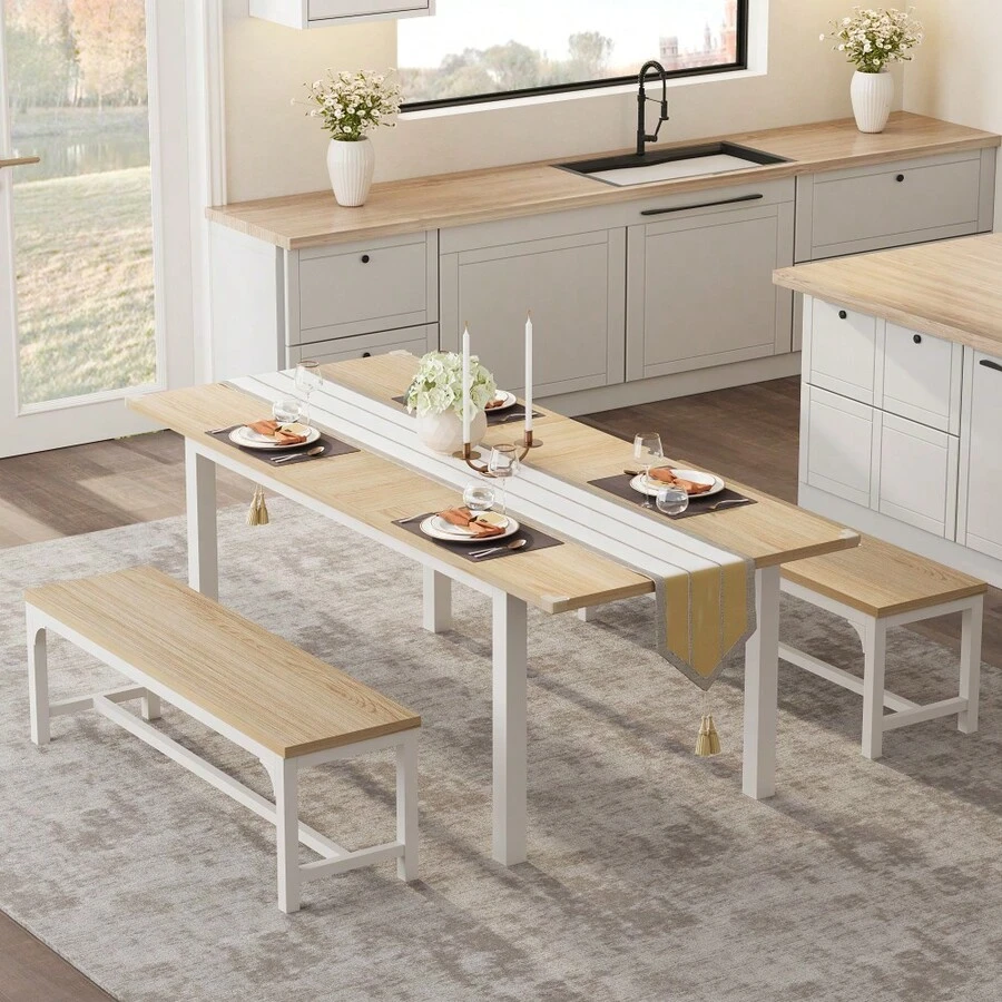 47.3''-63'' Extendable Rectangular Dining Table For 6, Modern Farmhouse Large Kitchen Table With Metal Legs, Space-Saving Dining Room Furniture For Apartments, Small Spaces - Single Table - View 1