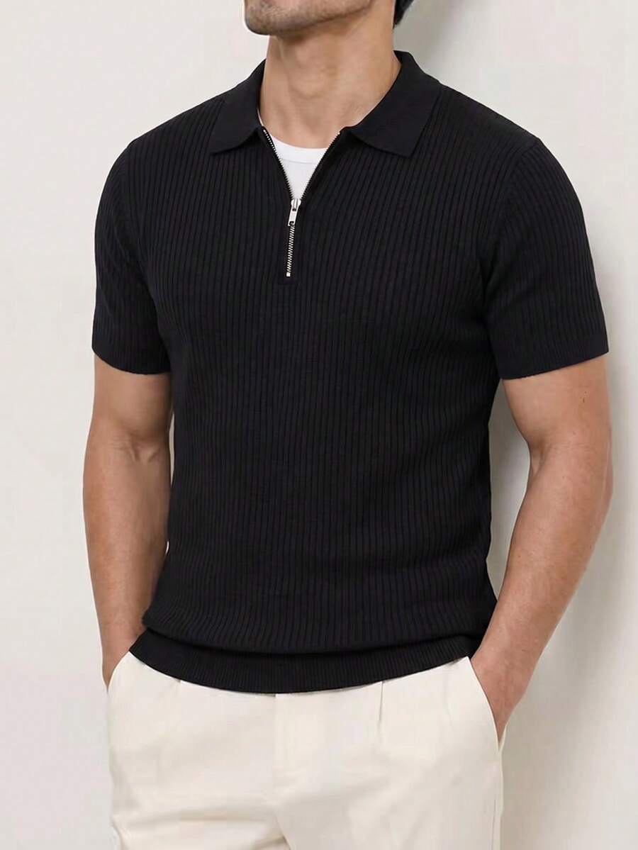 男士条纹拉链 Polo 领修身短袖毛衣