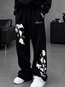 HEYKESON Men's Floral Print Wide Leg Sweatpants With Drawstring Waist, Casual Streetwear Long Pants - Black - View 7