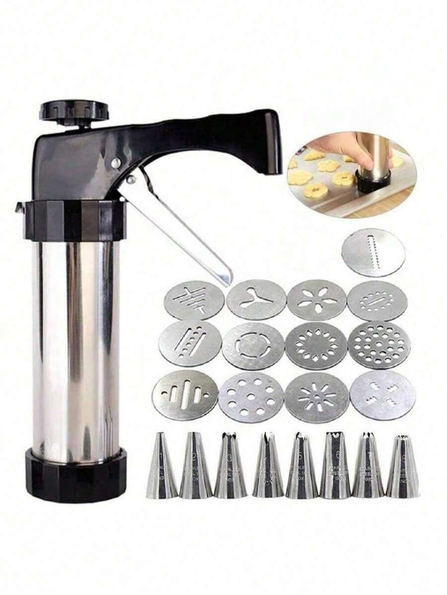 22pcs Stainless Steel Cake Cream Decorating Gun Set, Cookie Maker Nozzle Mold, Pastry Injector Extruder, Kitchen Baking Tools, Manual Press Mold Machine, Home DIY Baking Tools - Black - View 1