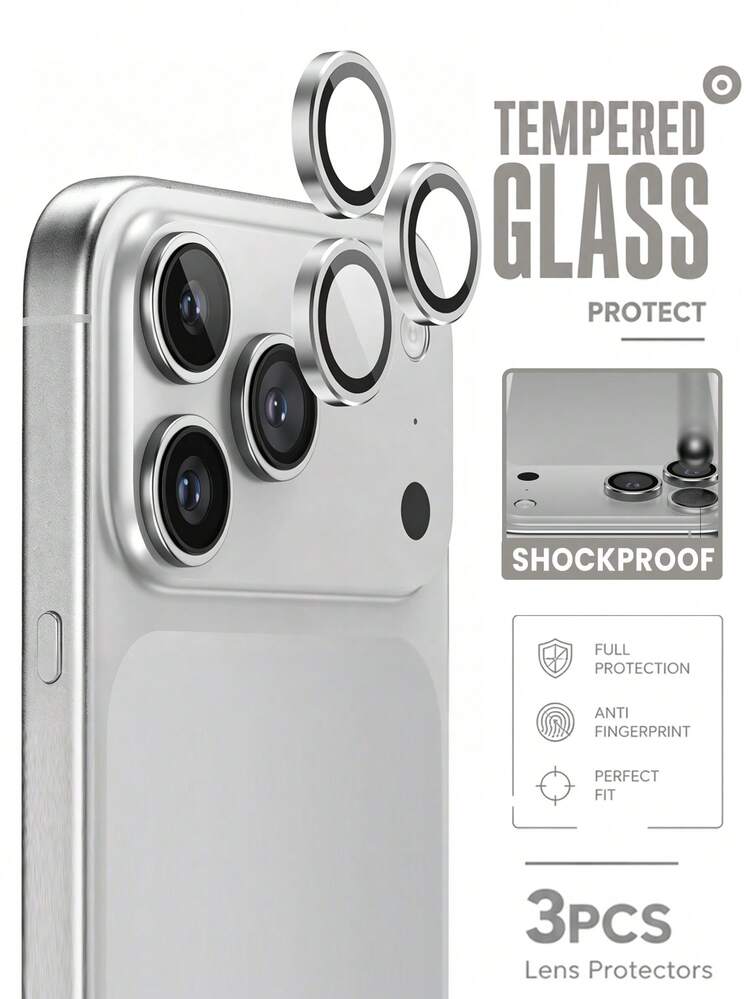 3pcs - Silver 17 Pro Max/ 17 Pro Camera Lens Protector - Durable Tempered Glass With Aluminum Ring, Ultra Clear, Easy Installation, Phone Accessories, Compatible With Phone Cases - Silver - View 1