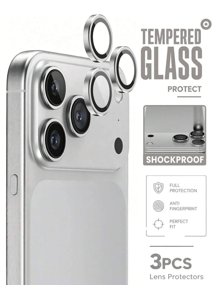 3pcs - Silver 17 Pro Max/ 17 Pro Camera Lens Protector - Durable Tempered Glass With Aluminum Ring, Ultra Clear, Easy Installation, Phone Accessories, Compatible With Phone Cases