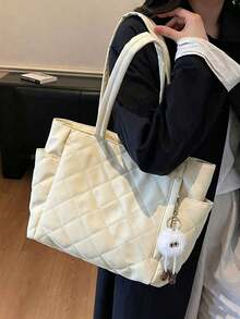 極簡菱格縫線托特包 多個外側側袋 內層拉鍊開合 輕量大容量 女款托特包 適合校園、旅行、健身房、日常採購 - 黃色 - 查看 5