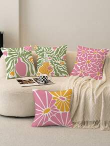 shangxia 4PCS-Ins Macaron Pink & Green Abstract Floral Print Pillow Covers, Minimalist Hand-Painted Vase & Daisy Color-Block Cushion Covers, Fresh Girl Pastoral Atmosphere Soft Decor Essential - (Pillow Insert Not Included) - (Printed) - (No Embroidery) - Multicolor - View 4