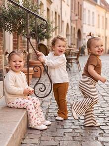 3pcs Baby Girl Autumn All-Match Set, Coffee & Apricot Striped & Floral Flared Pants, 3-Piece Set, Elastic Waist Design, Comfortable Fit, Minimalist Solid Color Style, Practical & Versatile, Baby Flared Pants, Fashionable Daily Wear, Infant Outdoor & Vacation Outfit - Multicolor - View 9