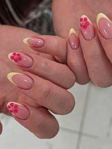 10 pièces d'ongles faux amande à coller, style français jaune simple et mignon d'été, avec petites fleurs écloses peintes à la main, élégants et légers luxe, pour femmes et filles, pour le quotidien, l'école et les fêtes - Jaune citron - Voir 5