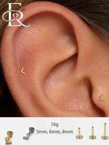 EleRunis 1PC 925 Sterling Silver Mini V-Shaped Tragus 6/8/10 Flat Back Labret Tragus Conch Cartilage Helix Threaded Piercing Fine Jewelry For Daily Wear Party - Gold - View 1