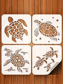 4 Turtle Pattern Stencils, Reusable Painting Stencils, Ocean Animal Pattern Stencils, Turtle Pattern Stencils, And DIY Craft Stencils For Art Creation, Fabric, Canvas, Wooden Wall, Home And Furniture Decoration - Sets - View 1