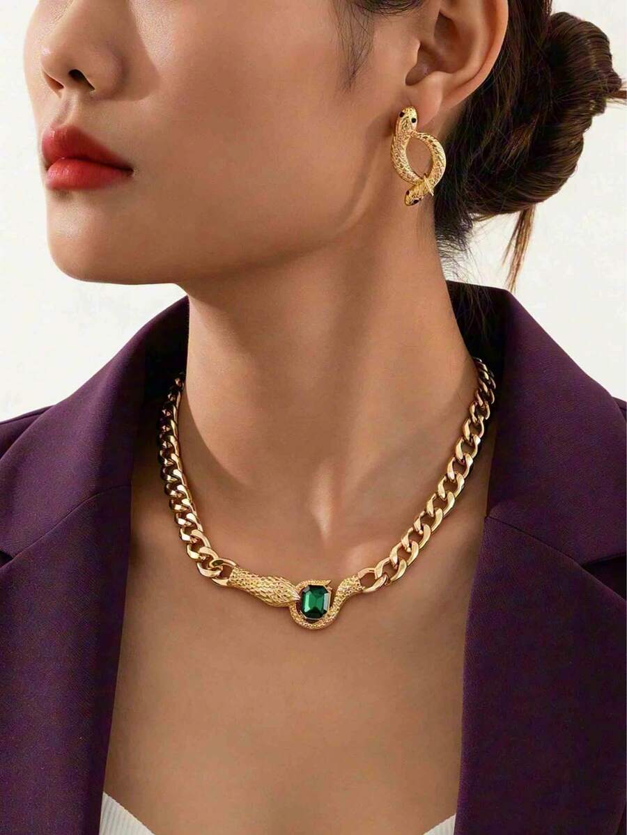 1 Set Fashion European & American Vintage Middle Eastern Exaggerated Chunky Chain Snake Head Necklace & Earrings Jewelry Set - Yellow Gold - View 1