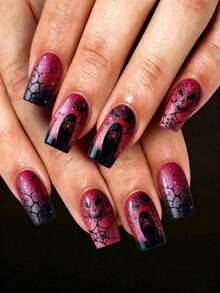 24Pcs Glossy Medium Square False Nails Red Black Glitter Ombre Base Hand Drawn Spider Web Skull Bat Dead Tree Horror Design Reusable Press On Nails For Halloween Cosplay, Rave, Costume, Holiday Party - Multicolor - View 1