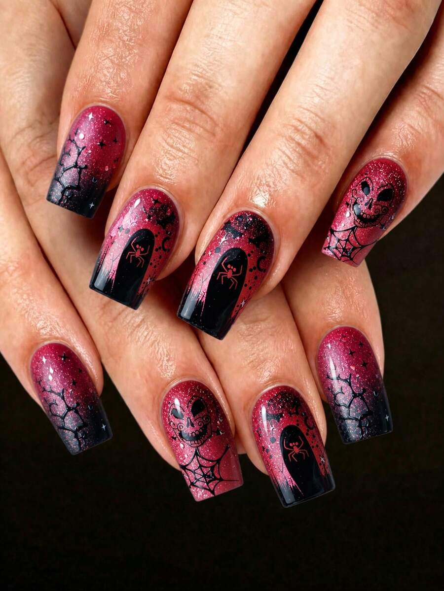 24Pcs Glossy Medium Square False Nails Red Black Glitter Ombre Base Hand Drawn Spider Web Skull Bat Dead Tree Horror Design Reusable Press On Nails For Halloween Cosplay, Rave, Costume, Holiday Party - Multicolor - View 1