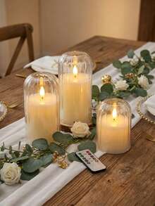 3pcs Vertical Stripe Curved Soft Light Shade Remote Control Electronic Candles, Realistic Flickering Warm Flame, 4-Stage Timer Dimmable, Cream Style Living Room Tea Room Cafe Window Display Holiday Atmosphere Desktop Candle Light Set - Transparent Arc - View 3