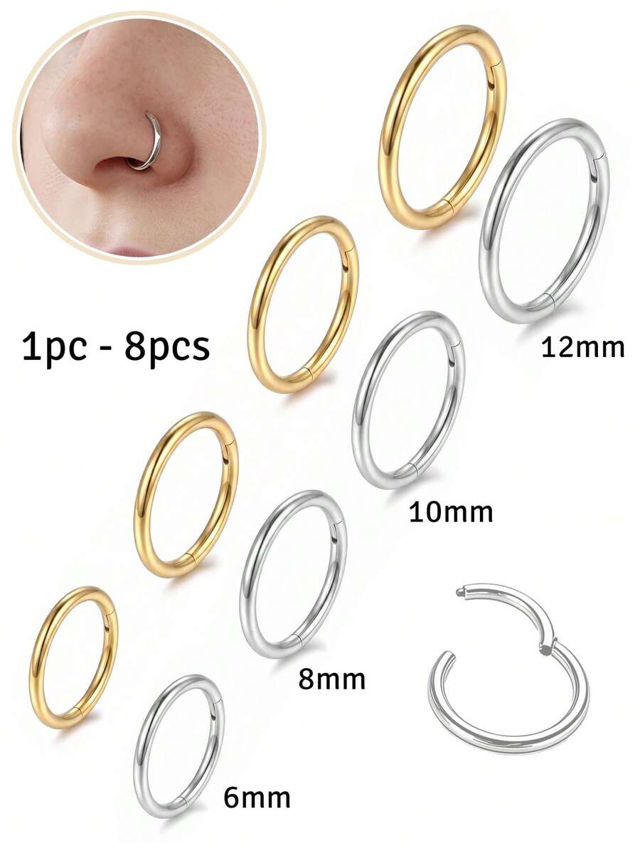 1-8件鼻環/鼻中隔環，直徑1.0mm/1.2mm，適用於鼻孔、鼻中隔、軟骨、耳輪、反耳輪、耳屏、耳甲、唇部、耳垂及其他穿刺部位，316L醫療級不鏽鋼材質，直徑範圍6mm-12mm。夏季海灘度假比基尼配件，時尚服飾搭配單品，婚紗裝飾首飾，多功能首飾適用於游泳、沐浴、運動。情人節、生日、母親節及度假驚喜的理想禮物