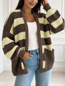 Women's Drop-Shoulder Long Sleeve Knit Sweater With Ribbed Cuffs,Color Contrast Stripes,Open Front,Front Pockets Casual Cardigan,Fall Winter Vacation - Multicolor - View 4