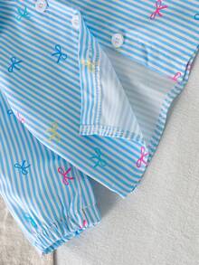 2pcs Baby Girl Casual Colorful Bow Print Striped Long Sleeve Cuffed Shirt & Back Pocket Embroidered Denim Pants Set, Thin For Spring/Autumn - Blue and White - View 6