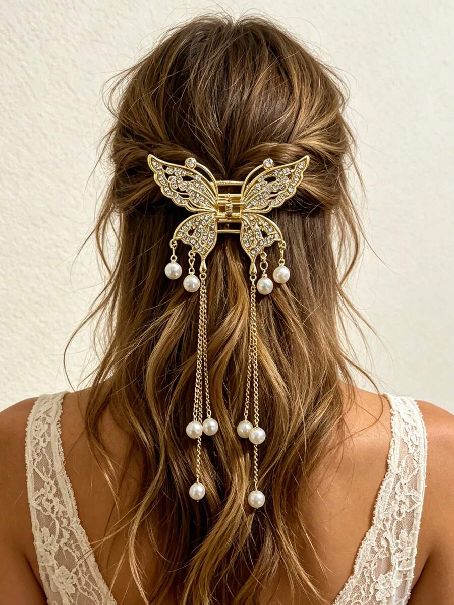 1pc Gold Hollow Butterfly Tassel Metal Hair Claw Clip, Versatile Hair Clip For Brides, Banquets And Women - Multicolor - View 1