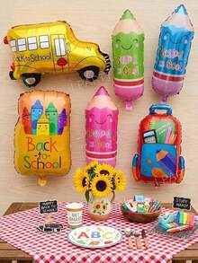 6pcs/Set Back To School Party Decoration Balloon Set, Pink Pencil/Green Pencil/Blue Pencil/School Bus/Crayon Box/Backpack Shaped Foil Balloons, Suitable For Classroom And School Decor - View 1