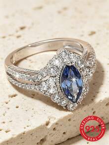 Anillo de plata de ley S925 plateado para damas, hermoso anillo de compromiso elegante y brillante de alta calidad con diseño de ojo de caballo, adecuado para decoración de novia de boda, - Celeste - Ver 1