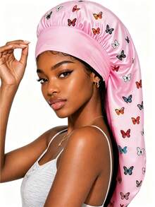 CONFLASS 2pcs Satin Butterfly Print Long Sleep Cap, Luxury Satin Silk Sleep Cap With Adjustable Drawstring, Comfortable Fit, Christmas Gift Hair Sleep Cap Sleep Bonnet - Multicolor - View 17