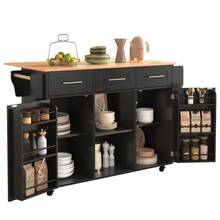 Large Dining Trolley/Sideboard, Black Body + Solid Wood Grain Worktop - 黑色 - 查看 3