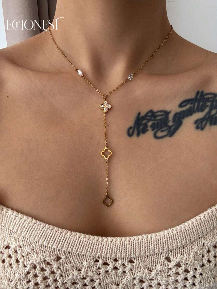 1pc Gold-Colored Four-Leaf Clover Zirconia High-Quality Multi-Layer Y-Shaped Necklace - Yellow Gold - View 1