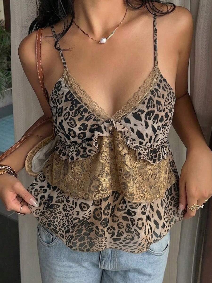 Spaghetti Strap Top With Patchwork Leopard Print Pattern, Polyester Lace Splice, Vacation & Beach Casual Summer - Khaki - View 1