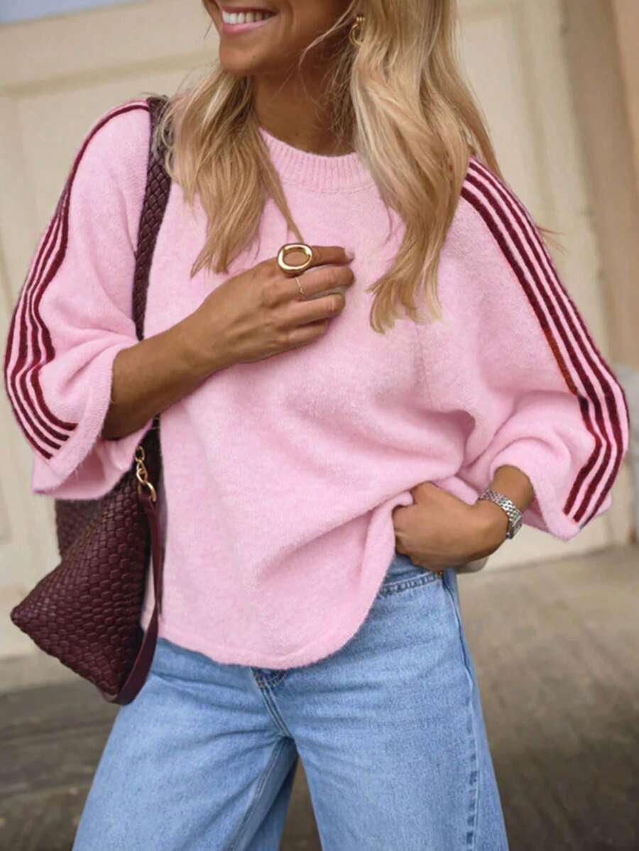 Women's Pink Knitted Pullover Sweater, 3/4 Sleeve, Side Stripe Detail, Suitable For Autumn Wear, Contains 6% Wool - Pink - View 1