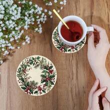 (Tree Toppers) 6pcs Holiday Coasters Set, Christmas Tree & Berry Design, Heat-Resistant Coffee & Hot Drink Mats, Suitable For Holiday Decor And Housewarming Gifts - Multicolor - View 5