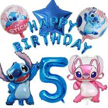 Hasbro Lilo & Stitch & Angel 主題生日氣球套組，包含數字鋁箔氣球、Stitch 與 Angel 造型鋁箔氣球、「HAPPY BIRTHDAY」字母氣球、星星氣球，藍色與粉色 CP 配色，營造可愛動畫氛圍 - 彩色 - 查看 15
