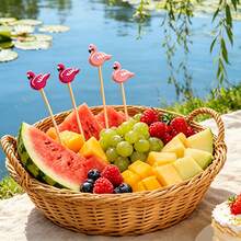 100pcs Flamingo Shaped Random Mixed Fruit Bamboo Picks, Rich Colors & Creative Designs, Suitable For Cocktail Picks, Cake Toppers, Skewers, Tanghulu Picks And Decorative Toothpicks - Multicolor - View 5
