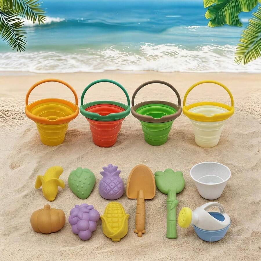 Nuevo set de juguetes de playa de la serie de frutas y verduras, incluye cubo plegable, pala, moldes de arena