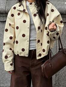 Spring/Autumn Yellow-Brown Polka Dot Short Jacket, Elegant Casual Style, Loose Fit, Button Closure, Versatile Outerwear - Multicolor - View 2
