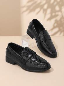 1 Pair Kids All-Season Black Pointed Toe Slip-On Loafers Crocodile Embossed Lace-Up Dress Shoes Suitable For Semi-Formal Occasions - Black - View 1