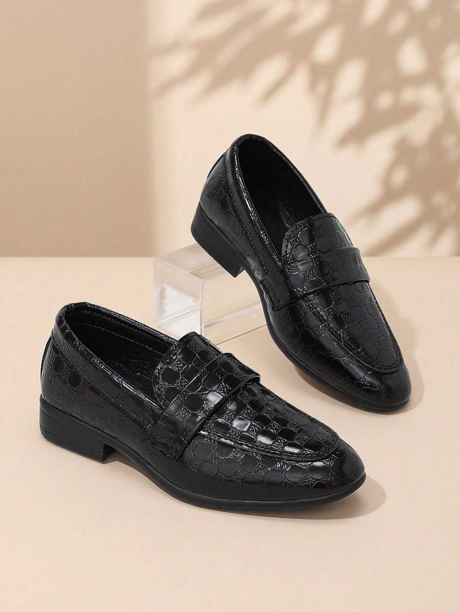1 Pair Kids All-Season Black Pointed Toe Slip-On Loafers Crocodile Embossed Lace-Up Dress Shoes Suitable For Semi-Formal Occasions - Black - View 1