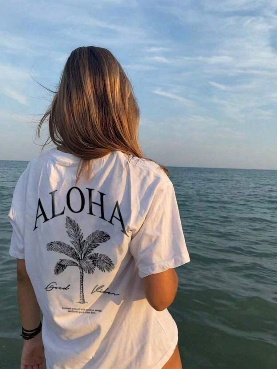 2026New Ladies"ALOHA Good Vibes"Palm Tree Pattern T Shirt,Cream-Colored Round-Neck Short-Sleeve Loose Top,Tropical Beach Print Casual Top. - 白色 - 查看 1