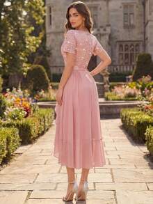 MIUSOL V-Neck Sequin Lace Patchwork Chiffon Ruffle Hem Elegant Ball Party Maxi Dress, Suitable For Wedding Guests, Evening Banquets Pink Summer - Pink - View 3