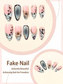 24 buah Stiker Kuku Rhinestone 3D Berbentuk Almond dengan Motif Bunga & Leopard, Set Kuku Palsu French Manicure Elegan dengan Penutup Penuh dan 1 Kikir Kuku, Cocok untuk Pesta Musim Panas, Kantor, dan Pemakaian Sehari-hari, Warna Gel Jelly Acak - MultiWarna - View 3