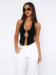 Sexy Fashion Solid Color Camisole Tank Top For Women, Summer New Hollow Circle Decor Backless Top Shirt, Summer Clothing Casual Black - Black - View 5