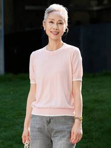 女款時尚粉色針織毛衣上衣，對比飾邊短袖上衣，適合萬聖節、感恩節、聖誕節假期穿搭 - 粉色 - 查看 2