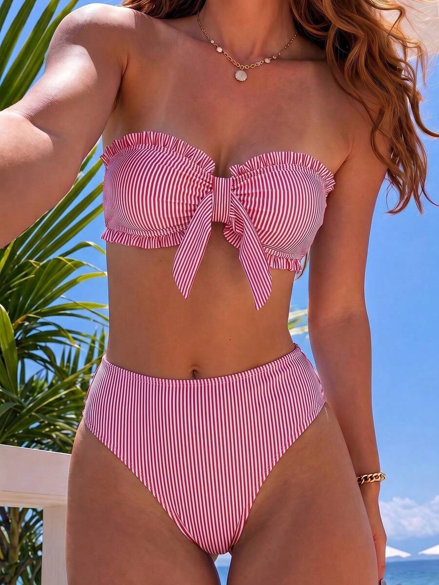HOTTIE HABIT 女款休閒優雅條紋抹胸比基尼套裝,飾有荷葉邊與綁帶設計,高彈性兩件式泳衣,適合夏季海灘穿著 - 彩色 - 查看 1