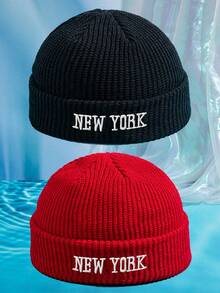 2件組 男士純色百搭 3D刺繡 NEW YORK 針織帽 無帽簷帽，適合秋冬保暖、日常穿著與搭配 - 2 pcs NEWYORK - 查看 13