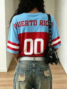Camiseta deportiva holgada vintage americana de Puerto Rico "00", cuello en V rojo & azul con estampado de bandera, talla grande para mujer, estilo callejero Y2K casual de manga corta para verano - Multicolor - Ver 2