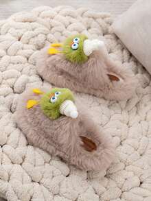 2026 Autumn/Winter Cute Cartoon Monster Plush Slippers For Girl, Warm Soft Sole Indoor/Outdoor Fuzzy Slippers With Girly Design - Khaki - View 3