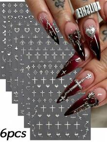 6Pcs/Set 3D Metallic Silvery Cross Nail Art Stickers Punk Gothic Cross/Heart Nail Decal Self-Adhesive Silery Cross Manicure Slider - Silver - View 9